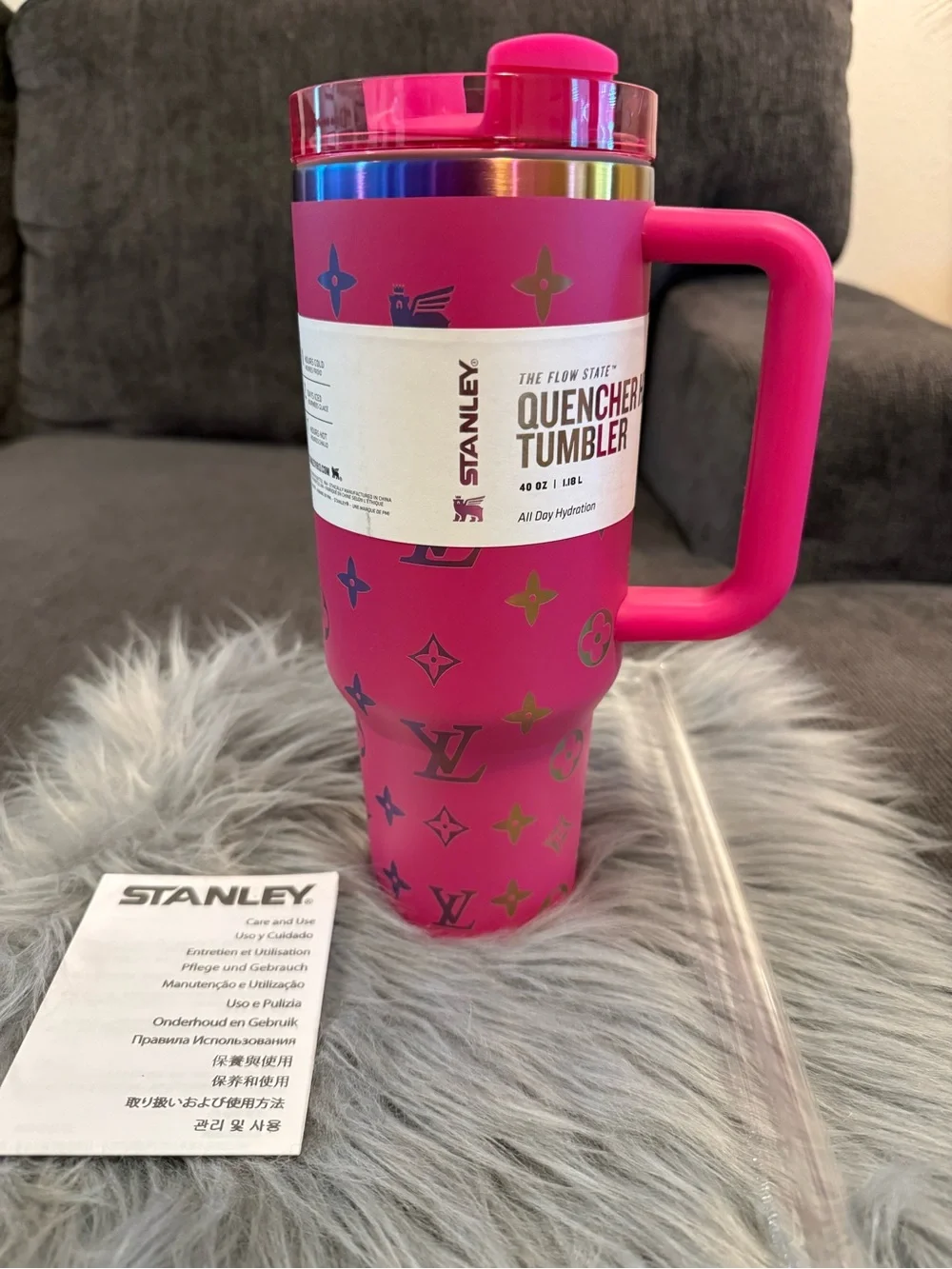 Stanley Pink Travel Tumbler with Multi Color Monogram Design 40oz